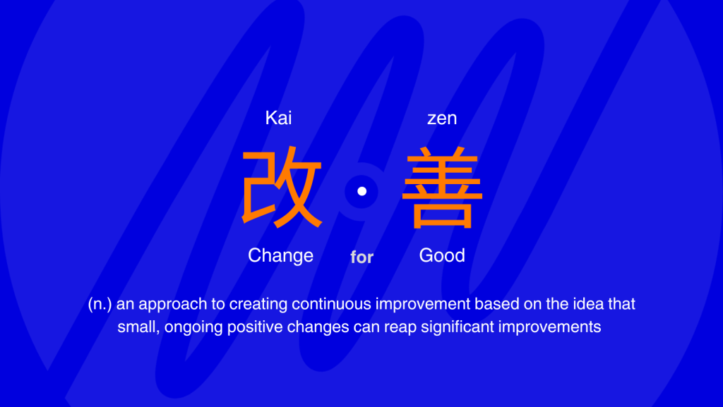An image with Japanese symbols that mean Kaizen, there is text that explains Kaizen means change for good.