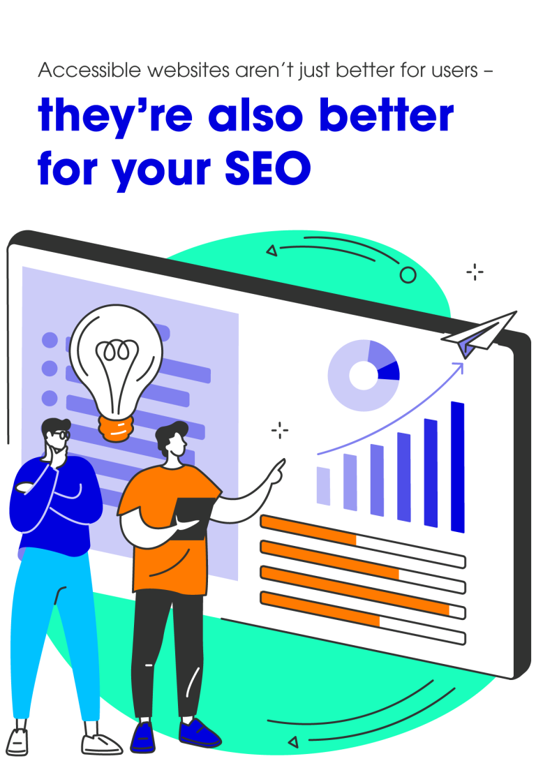 Illustration of two people analyzing a large screen with data charts, graphs, and a lightbulb symbolizing ideas, accompanied by text highlighting that accessible websites improve SEO.